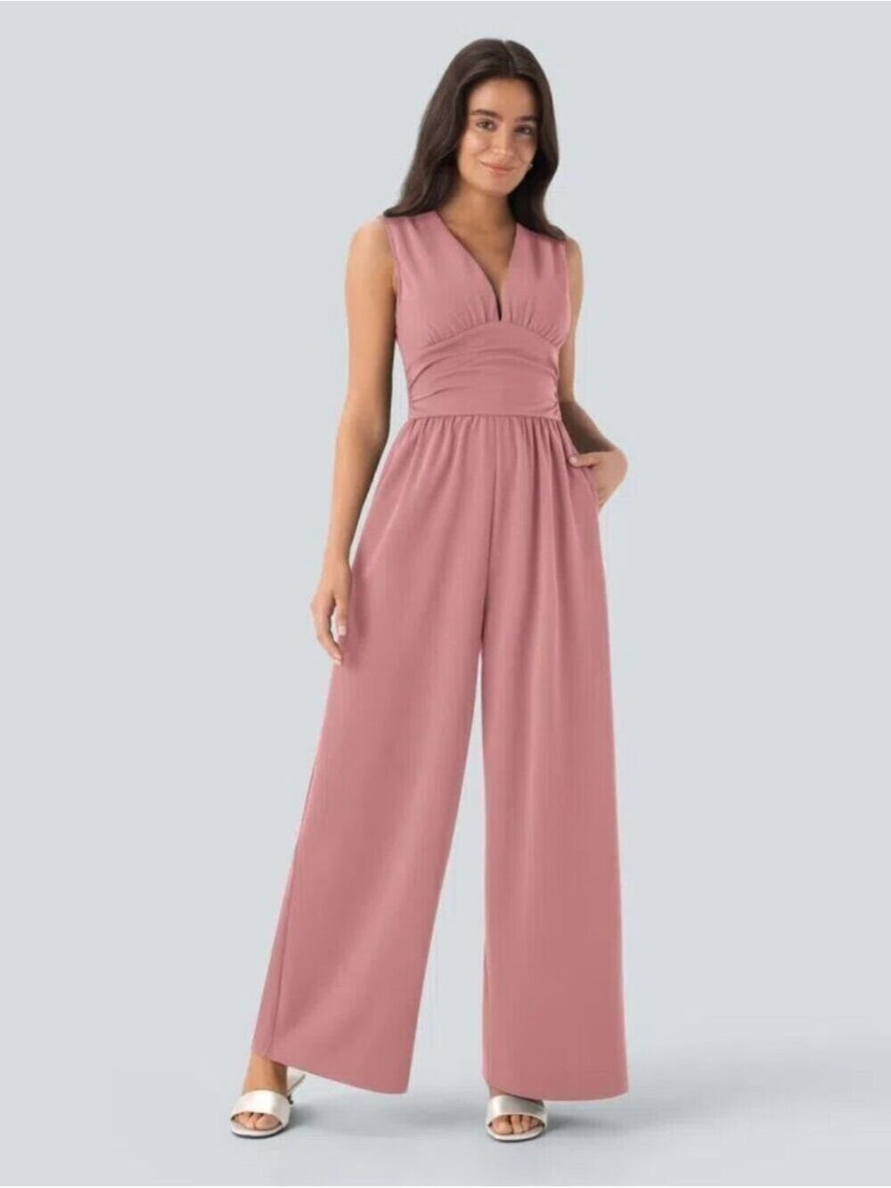 Easy Peezy V Neck Sleeveless Ruched Pocket Jumpsuit